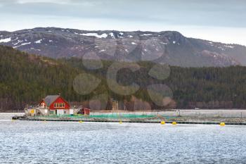 Traditional Norwegian floating fish farm with red wooden house and nets