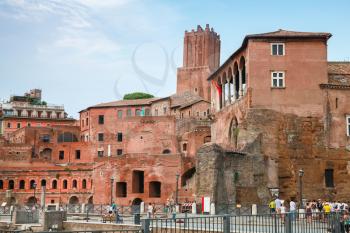 Street view with remains of Imperial forums in Rome Italy
