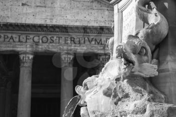 Fragment of fountain with dolphins sculptures. Italy, Roma. Piazza della Rotonda. Fontana del Pantheon