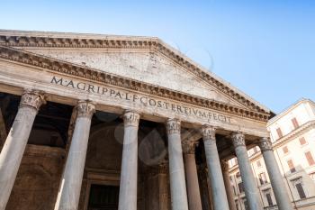 Facade with columns of Pantheon, one of the best-preserved of Ancient Roman buildings in Rome