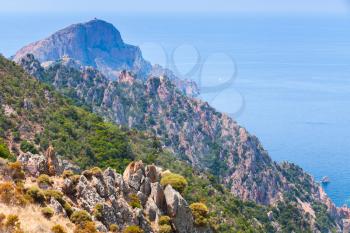 Corsican rocks and sea in summer. Landscape of French mountainous Mediterranean island Corsica. Corse-du-Sud, Piana