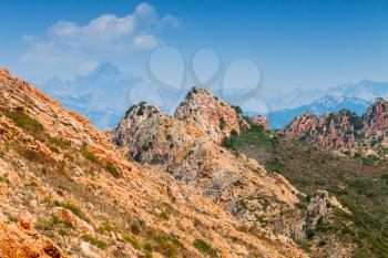 Corse-du-Sud nature. South region of Corsica island, France. Landscape of Piana area with mountains and cloudy sky