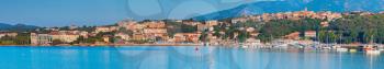 Porto-Vecchio bay, coastal cityscape, Corsica island, France. Extra wide panoramic photo