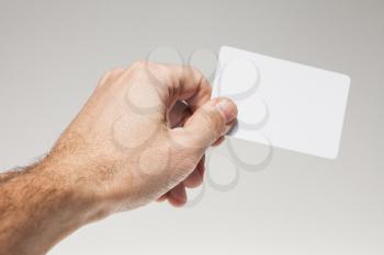 Male hand holds white empty card over gray background, close up studio photo
