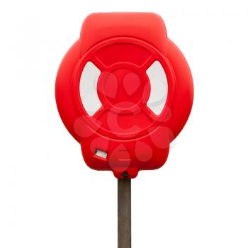 Bright red lifebuoy case on wooden pole isolated on white