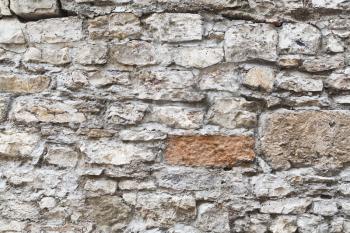 Old grungy brick wall, closeup flat background photo texture