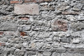 Old grungy gray and red brick wall, closeup flat background photo texture