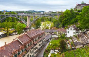 Bern old town, Coastal landscape with bridge. Switzerland. Aare river coast