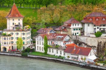 Old town on Aare river coast. Coastal landscape of Bern, Switzerland