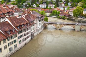 Stone houses along Aare river. Coastal landscape of Bern old town, Switzerland