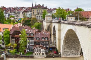  European old town, coastal landscape with stone bridge. Bern, Switzerland
