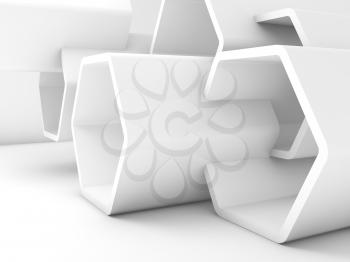 Abstract chaotic white honeycomb installation. Computer graphic background useful as a wallpaper image. 3d illustration