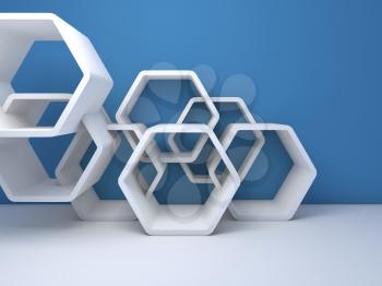 Abstract interior fragment with white hexagonal installation near blue wall. 3d render illustration