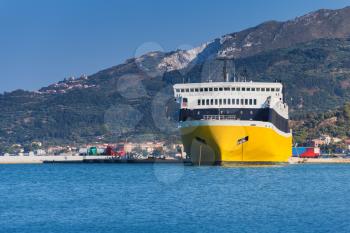 Yellow passenger ferry. Port of Zakynthos, Greek island in the Ionian Sea, popular tourist destination for summer holidays