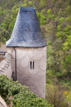 Karlstejn castle tower. large Gothic castle founded 1348 CE by Charles IV, Holy Roman Emperor-elect and King of Bohemia. Located in Karlstejn village, Czech Republic
