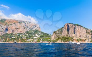 Sea landscape with rocks of Capri island near Marina Piccola beach. Mediterranean Sea, Italy