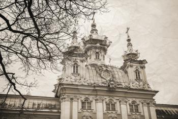 St. Petersburg, Russia - November 9, 2014: Church of Saints Peter and Paul in Peterhof, St. Petersburg, Russia. It was build in 1747-1751 by Rastrelli architect. Vintage stylized monochrome photo
