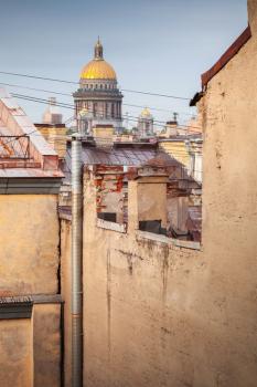 Saint-Petersburg, Russia. Cityscape of old central city part with St. Isaac cathedral dome, view from a roof