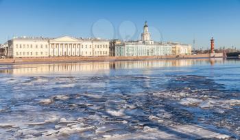 Winter landscape with floating ice on Neva river in Saint-Petersburg, Russia