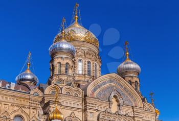 Facade of Assumption Church on Vasilevsky Island. Orthodox church in Saint-Petersburg, Russia