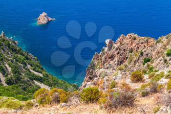 Coastal landscape of Corsica island. Rocks of Capo Rosso, Piana region