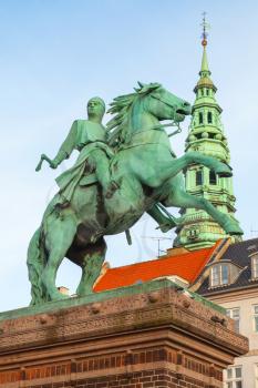 Equestrian statue of Absalon in Hoejbro Plads, Copenhagen, Denmark. Vertical photo