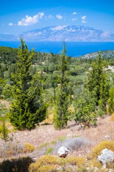 Coastal summer landscape with cypress trees. Zakynthos, Greek island in the Ionian Sea