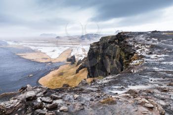 Black sand beach natural landscape, North Atlantic Ocean coast. Vik, Iceland