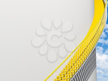 Contemporary architecture background, yellow metal stairs goes over round white wall, 3d illustration