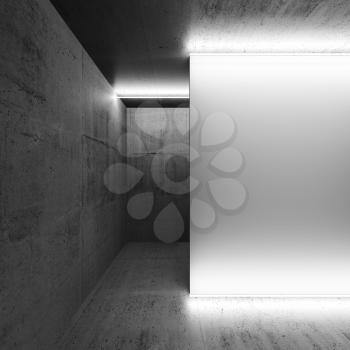 Abstract empty concrete interior, white blank banner illuminated with neon light lines, square 3d render illustration