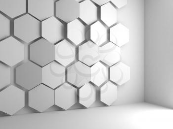 Abstract white interior background with hexagons pattern on the wall, 3d render illustration