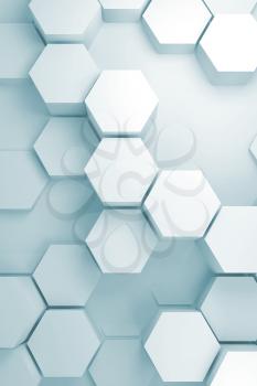 Abstract digital background with random extruded hexagon pattern on wall, vertical 3d render illustration