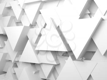 Abstract white digital background with random extruded triangles on wall, 3d render illustration
