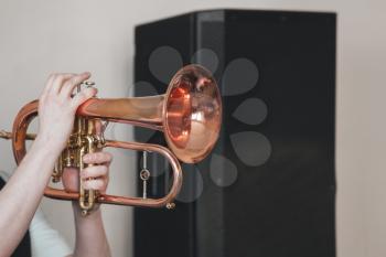 Live music background, flugelhorn in trumpeter hands, close-up photo with selective focus