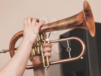 Live music background, flugel horn in trumpeter hands, close-up photo with selective focus