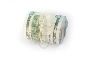 United States official currency, roll of One Hundred Dollars isolated on white background with soft shadow