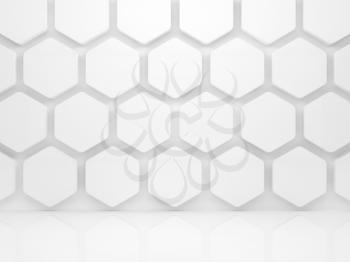 Abstract white interior with honeycomb installation on the wall, 3d render illustration