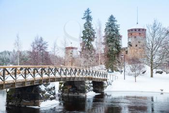 Winter landscape of Savonlinna, Finland. Bridge to Olavinlinna castle