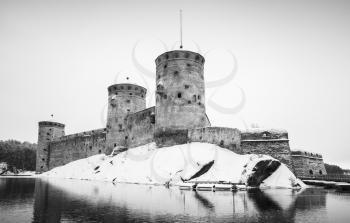 Olavinlinna is a 15th-century castle located in Savonlinna, Finland. Black and white photo