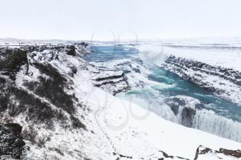 Gullfoss, winter landscape, Golden Waterfall, popular natural landmark of Iceland