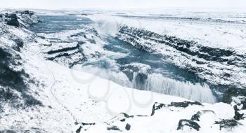 Gullfoss landscape, Golden Waterfall in winter, popular natural landmark of Iceland