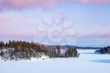 Snowy islands of Saimaa lake. Rural winter landscape, Finland