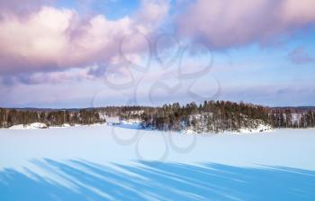 Coasts of Saimaa lake. Rural winter landscape, Finland