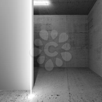 Abstract dark concrete interior with empty white wall fragment, square 3d render illustration