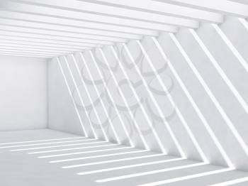Abstract empty interior background. White corridor with pattern of light beams over the wall and floor, front view, 3d illustration