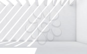 Abstract empty interior background. White room with pattern of light beams over the wall and floor, 3d illustration