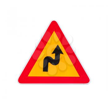 Dangerous turns, warning traffic sign isolated on white background