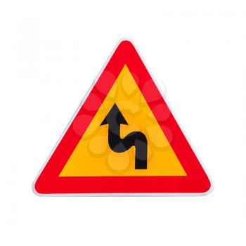 Dangerous turns, yellow triangle warning traffic sign isolated on white background