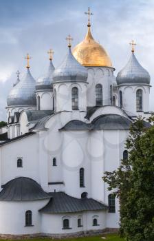 St. Sophia Cathedral under blue cloudy sky, Novgorod, Russia. It was built in 1045-1050