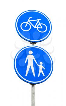 Lane for Bicycles And Pedestrians Only. Blue round road sign isolated on white background. Amsterdam, Netherlands